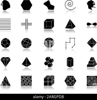 Geometric figures drop shadow black glyph icons set. Squares, circles and triangles. Double pyramid. Prism models. Complex abstract shapes. Isometric Stock Vector