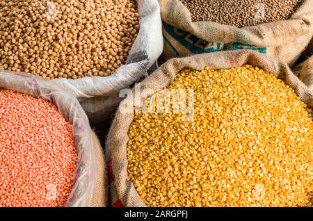 Moong Dhal, Urid Dhal and many more different types of lentils are available on the street market in Paharganj Stock Photo