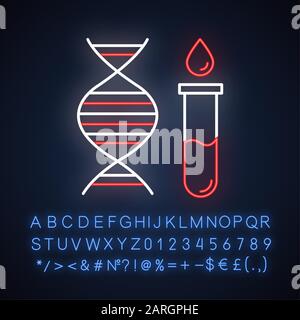 Genetic testing neon light icon. DNA examination. Blood in vial. Medical procedure. Biochemistry. Chromosome, gene helix. Glowing sign with alphabet, Stock Vector