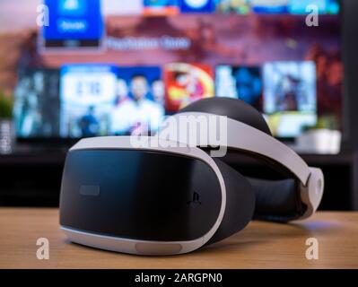 UK, Jan 2020: Sony Playstation VR virtual reality headset for gaming in home setting