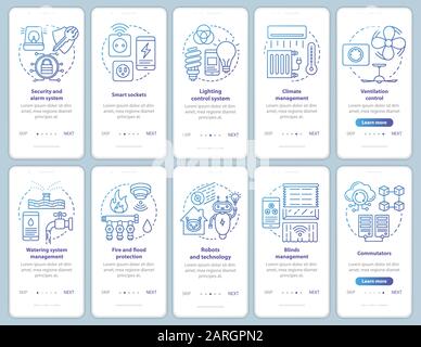 Smart house onboarding mobile app page screen vector template set. Modern home automation systems. Walkthrough website steps with linear illustrations Stock Vector