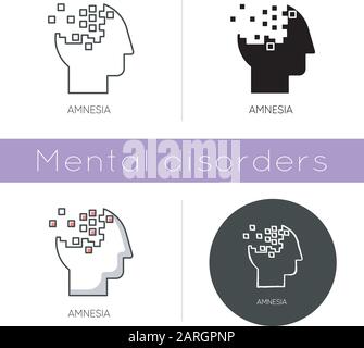 Amnesia icon. Memory loss. Forgetting from brain injury. Trouble with remembering. Korsakoff syndrome. Mental disorder. Flat design, linear and color Stock Vector