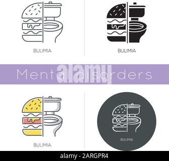 Bulimia icon. Eating disorder. Depression and anxiety. Vomiting food in bathroom. Unhealthy hunger. Binge eating. Mental disorder. Flat design, linear Stock Vector
