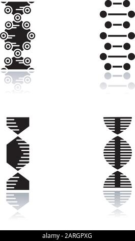 DNA spiral chains drop shadow black glyph icons set. Deoxyribonucleic, nucleic acid helix. Spiraling strands. Chromosome. Molecular biology. Genetic c Stock Vector