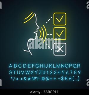 Survey audio response neon light icon. Social research. Testimonial. Oral survey. Customer satisfaction. Feedback. Glowing sign with alphabet, numbers Stock Vector