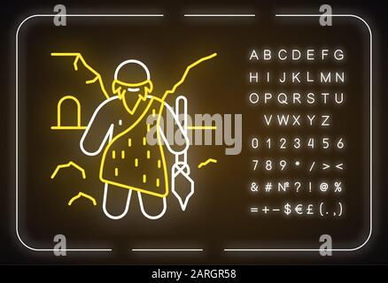 Caveman neon light icon. Prehistoric man with beard. Primeval hunter with spear. Neanderthal in old age. Glowing sign with alphabet, numbers and symbo Stock Vector