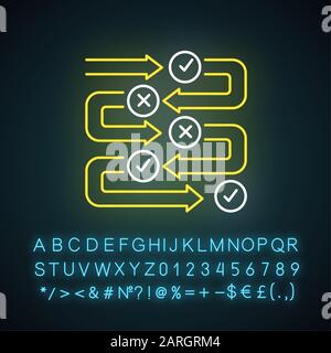 Survey process neon light icon. Progress stages. Structure and workflow. Examination steps. Correct and incorrect answers. Glowing sign with alphabet, Stock Vector