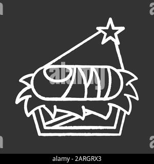 Nursery with baby Jesus chalk icon. Holy infant in manger on straw under light of Bethlehem star. Christmas. Birth of messiah. Bible narrative. Isolat Stock Vector