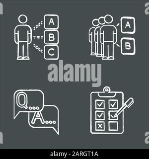 Survey chalk icons set. Personal questioning. Social opinion. Group test. FAQ sign. Question and answer. Written checklist. Share opinion. Tick checkb Stock Vector