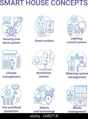 Smart house blue gradient concept icons set. Innovative technology for apartments idea thin line illustration. Domotics. Smoke detectors. Home automat Stock Vector