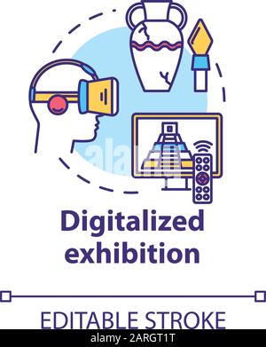 Digitalized exhibition concept icon. Interactive fair venue in cyberspace. Video museum tour. Virtual reality exposition idea thin line illustration. Stock Vector