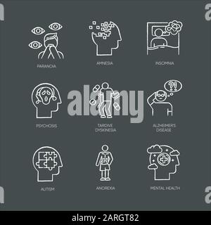 Mental disorder chalk icons set. Delusions, schizophrenia. Amnesia ...