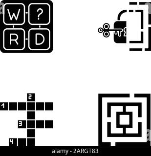 Puzzles and riddles glyph icons set. Missing letter game. Maze, labirynth. Crossword. Logic games. Mental exercise. Challenge. Brain teaser. Silhouett Stock Vector