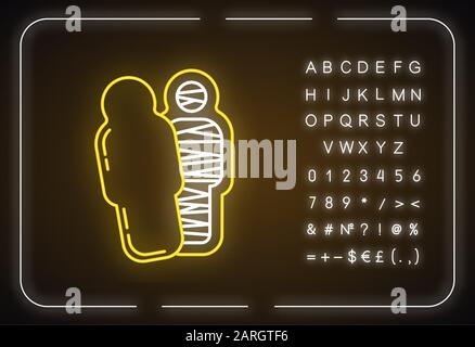Mummy neon light icon. Pharaoh in sarcophagus. Dead body in coffin. Religion and mythology. Ancient egyptian culture. Glowing sign with alphabet, numb Stock Vector