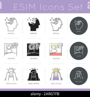Mental disorder icons set. Amnesia and memory loss. Insomnia and sleep deprivation. Panic attack. Psychology and psychiatry. Flat design, linear, blac Stock Vector
