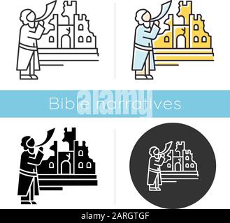 The fall of Jericho Bible story icon. Castle ruin in Jerusalem city. Religious legend. Christian religion. Biblical narrative. Glyph, chalk, linear an Stock Vector