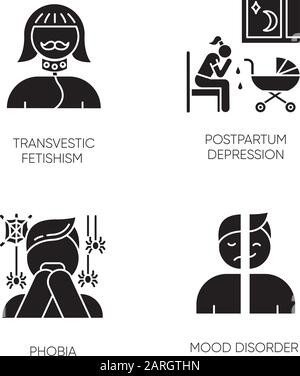 Mental disorder glyph icons set. Transvestic fetishism. Postpartum depression. Phobia. Panic attack. Mood disorder. Perversion. Woman crying. Silhouet Stock Vector