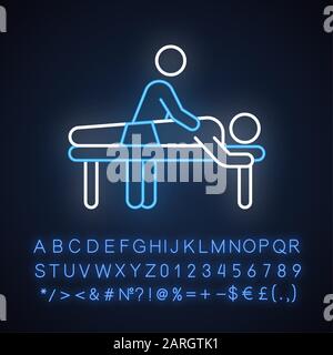 Massage neon light icon. Spa center. Medical procedure. Back pain relief. Healthcare. Physical treatment. Injury healing. Glowing sign with alphabet, Stock Vector