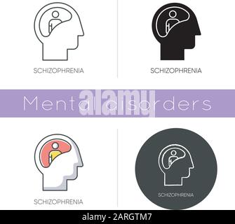 Schizophrenia icon. Unclear thinking. Confused mind. Mental disorder. Paranoia and anxiety. Psychiatric illness. Flat design, linear and color styles. Stock Vector