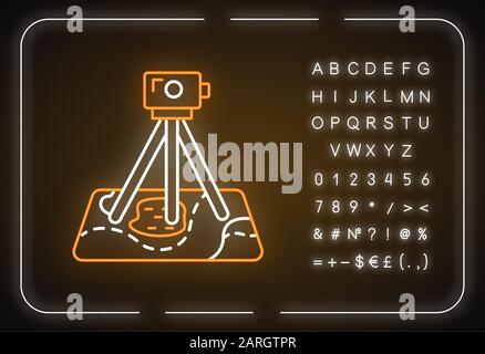 Field survey neon light icon. Research. Archeological examination. Digital tool on map. Topographic data gathering. Glowing sign with alphabet, number Stock Vector