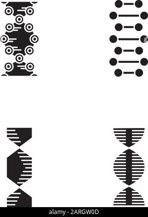 DNA spiral chains glyph icons set. Deoxyribonucleic, nucleic acid helix. Spiraling strands. Chromosome. Molecular biology. Genetic code. Genetics. Sil Stock Vector