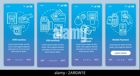 Payment onboarding mobile app page screen vector template. POS and self-service terminals. Walkthrough website steps with linear illustrations. ATM ma Stock Vector
