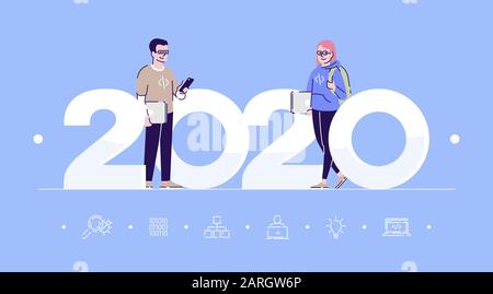 Professions 2020 flat banner vector template. Programmers isolated cartoon characters on blue. Software developers. People with laptops. Banner, broch Stock Vector