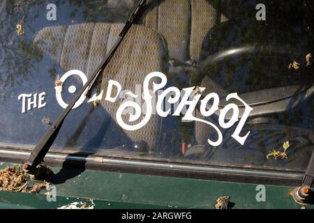 old school inscription on the windshield of old dirty car Stock Photo