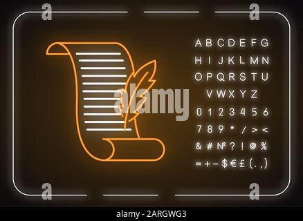 Ancient manuscript neon light icon. Old scroll. Poetry writing. Antique parchment with quill. Literature. Glowing sign with alphabet, numbers and symb Stock Vector