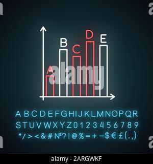 Survey statistics neon light icon. Data analysis, information collection. Infographic. Chart growth, graph rise. Glowing sign with alphabet, numbers a Stock Vector