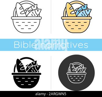 Bread and fish in basket icon. Feeding the multitude. Holy week. Miracle of Christ. Blessing food from Bible. New Testament. Flat design, linear and c Stock Vector