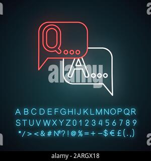 Survey neon light icon. Questions and answers. FAQ sign. Speech bubbles. Dialogue, message. Online chat. Conversation. Glowing sign with alphabet, num Stock Vector
