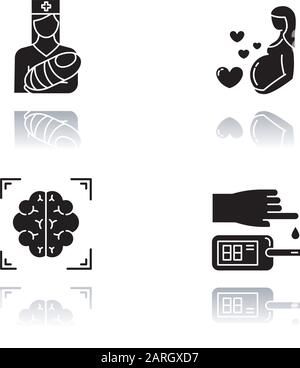 Medical procedure drop shadow black glyph icons set. Pediatrics and pregnancy care. Brain scan. Blood test. Healthcare. Motherhood. Nurse with baby. N Stock Vector