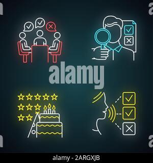Survey methods neon light icons set. Group administered questionnaire. High rating. Testimonial. Customer audio review. Event evaluation, expert surve Stock Vector