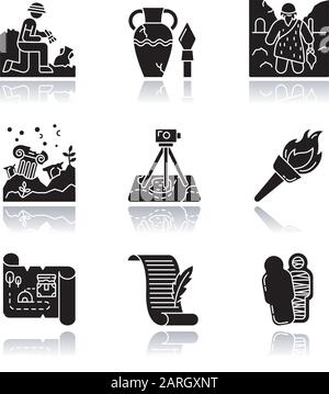 Archeology drop shadow black glyph icons set. Excavation. Archeologist. Ancient artifacts. Caveman on ruins. Filed survey. Flambeau. Treasure map, man Stock Vector