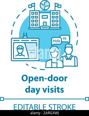 Open door day visits concept icon. Presentation of international university. Study invitation. University entrance idea thin line illustration. Vector Stock Vector