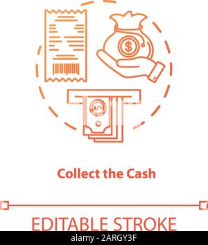 Collect cash red gradient concept icon. Money withdrawal idea thin line illustration. ATM transaction step. Bankomat. Cashpoint, cashline. Banking. Ve Stock Vector