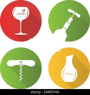 Wine service flat design long shadow glyph icons set. Winery, tableware, glassware. Decanter, wine glass, corkscrew. Pub, bar, restaurant barman tool. Stock Vector