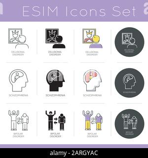 Mental disorder icons set. Delusion and schizophrenia. Bipolar personality disorder. Psychology and psychiatry. Flat design, linear, black and color s Stock Vector