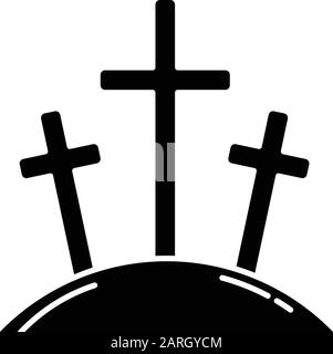 Calvary hill glyph icon. Three crosses at Golgotha mountain. Crucifixion of Jesus Christ. Good Friday. New Testament. Bible narrative. Silhouette symb Stock Vector