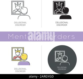 Delusional disorder icon. Man in mirror reflection. Bizzare and false beliefs. Optical delusion. Megalomania. Mental illness. Flat design, linear and Stock Vector