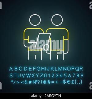 Oral survey neon light icon. Two people Interviewing. Question and answer. Teamwork and communication. Dialogue and talk. Glowing sign with alphabet, Stock Vector