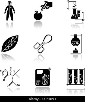 Science development drop shadow black glyph icons set. Biotechnologies equipment. Experiment method. Working in laboratory. Changing nature. Organic c Stock Vector