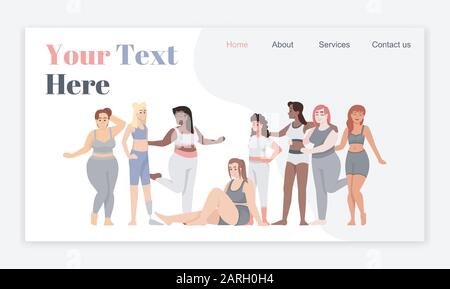 Body positive landing page vector templates. Women dressed in sportswear website interface idea with flat illustrations. Healthy lifestyle homepage la Stock Vector