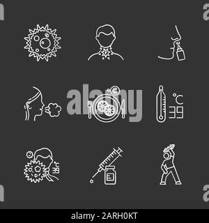 Common cold chalk icons set. Virus infection. Sore throat. Drip nose. Girl cough. Vitamin C. High temperature. Fever symptoms. Syringe with vaccine. E Stock Vector