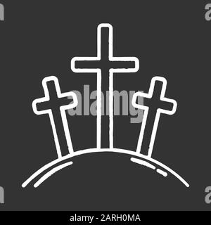 Calvary hill chalk icon. Three crosses at Golgotha mountain. Crucifixion of Jesus Christ. Good Friday. New Testament. Bible narrative. Christian symbo Stock Vector