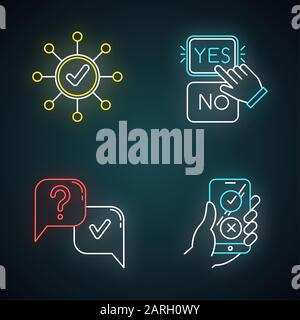 Survey neon light icons set. Correct answer, approve option. Spread structure. Yes and no button click. Question and answer. FAQ sign. Online feedback Stock Vector