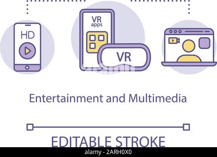 Entertaiment and multimedia concept icon. VR games and gadgets idea thin line illustration. Virtual reality apps. Smartphone and laptop. Vector isolat Stock Vector