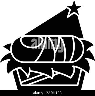 Nursery with baby Jesus glyph icon. Holy infant in manger on straw under light of Bethlehem star. Christmas. Birth of messiah. Silhouette symbol. Nega Stock Vector