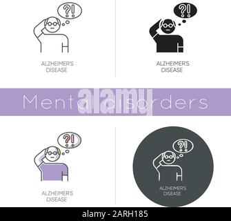 Alzheimer's disease icon. Dementia. Memory loss. Trouble with thinking. Illness from old age. Elderly person. Mental disorder. Flat design, linear and Stock Vector